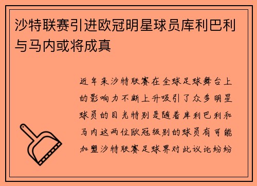 沙特联赛引进欧冠明星球员库利巴利与马内或将成真
